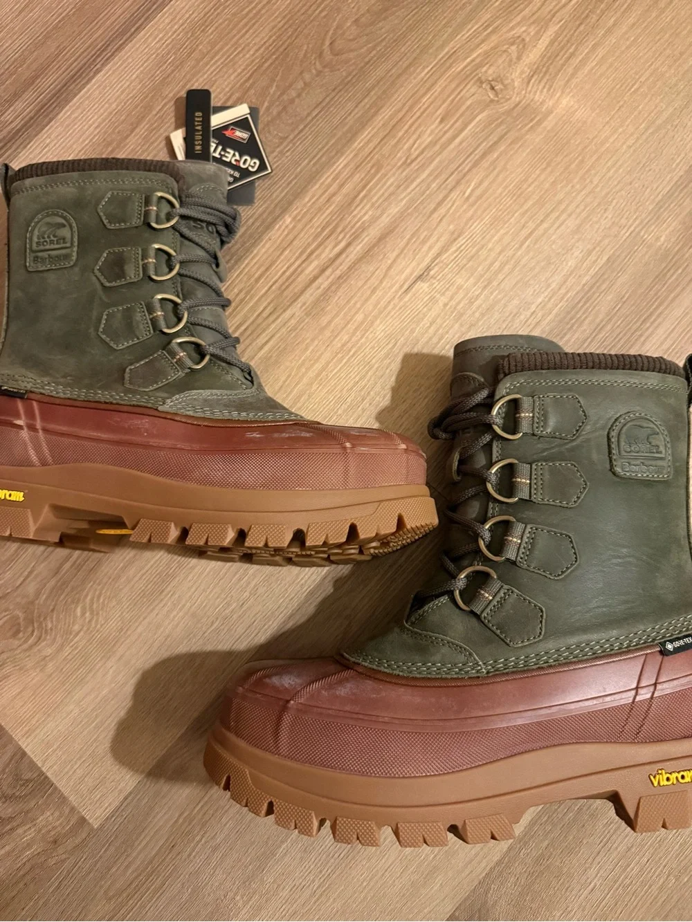 Barbour Olive Green & Brown Waterproof Lace-Up Winter Boots